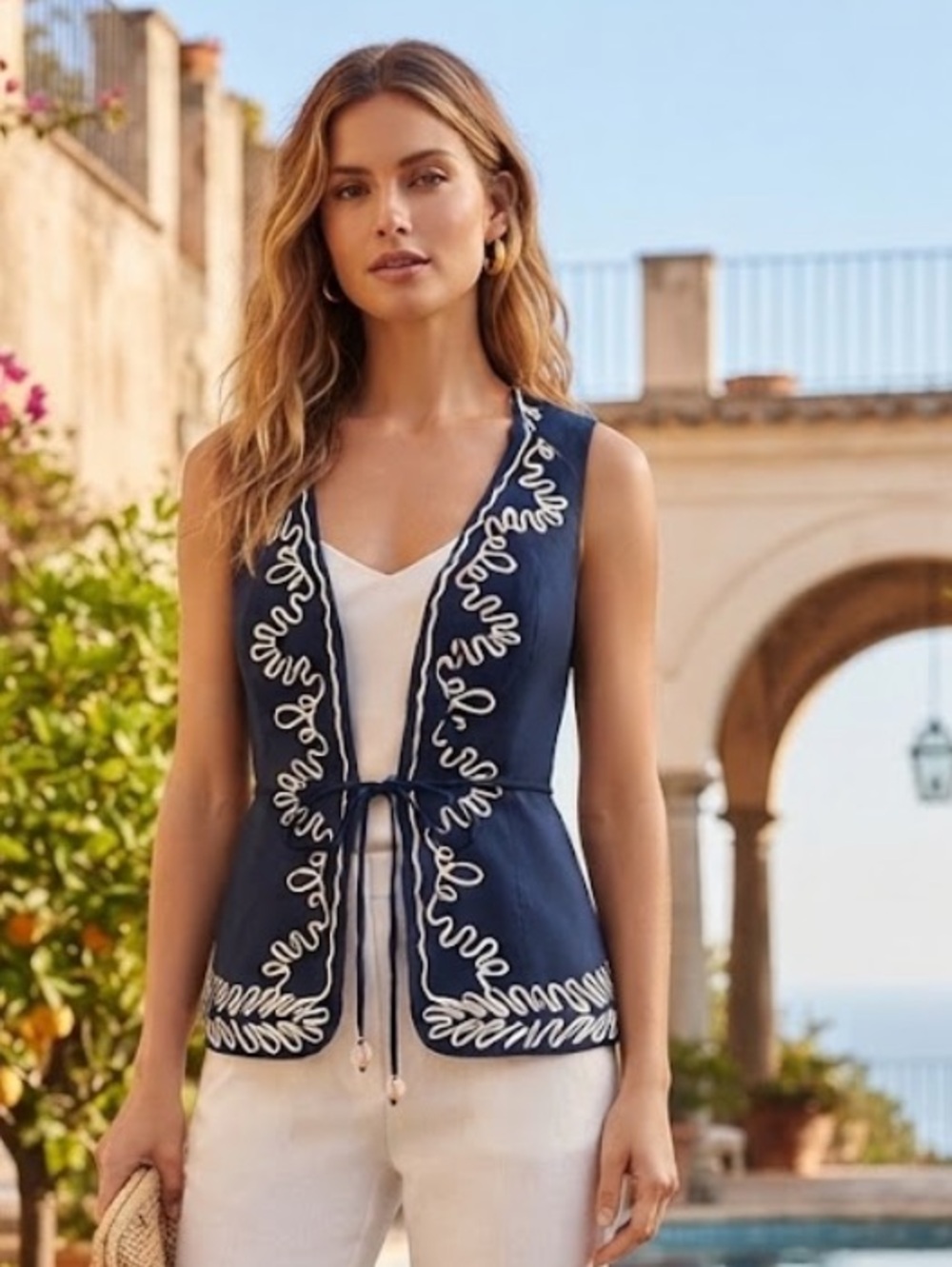 New Rachel Zoe Navy Sleeveless Embroidered Tie-Front Top size M